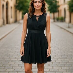 Double Zero Black Dress – Size Medium, Built-In Slip, Side Zipper, Button Neck